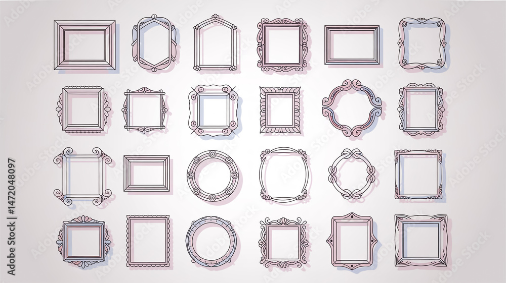 Poster a collection of 20 decorative frame designs arranged in a 4x5 grid on a white background.