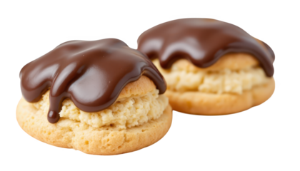 Double chocolate delight, indulge in two exquisite chocolatecovered cookies with decadent drizzle