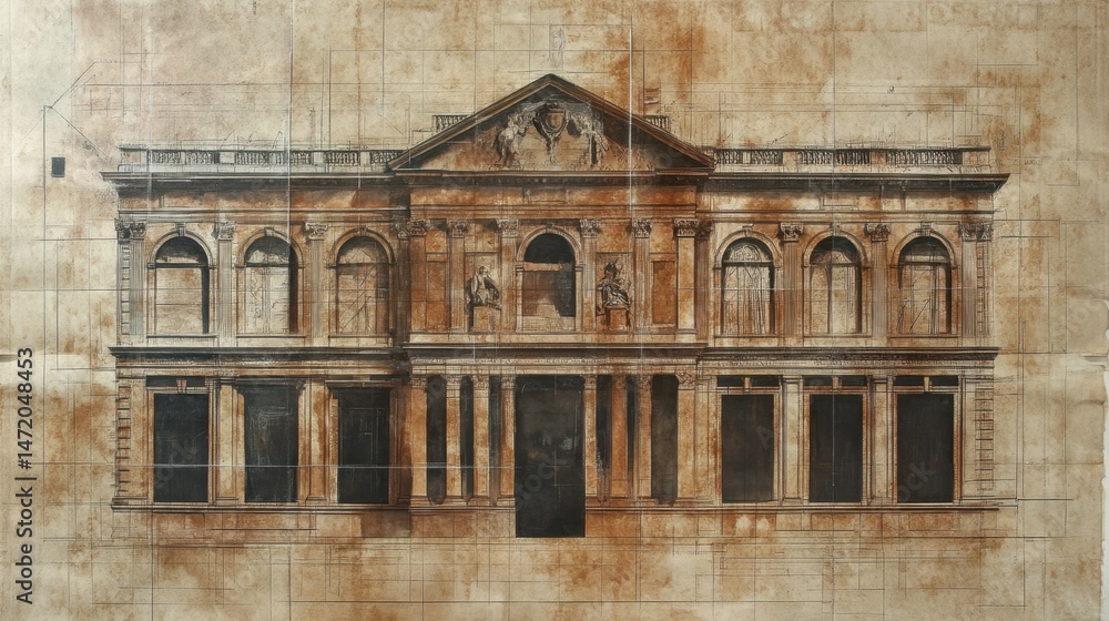 Poster blueprint with architectural symbols, dimension lines, and detailed construction notes across multip