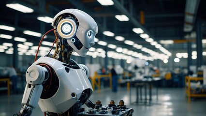 Fototapeta premium A high-resolution digital rendering featuring a humanoid robot in a modern industrial setting.