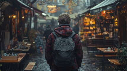 A person walks down a bustling covered marketplace alley.