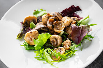 Mushrooms pickled champignon salad snack fresh delicious gourmet food background on the table rustic food top view copy space keto and paleo diet vegetarian and vegan food