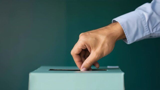 A hand placing a blank ballot into a voting box, symbolizing civic engagement and democratic participation.
