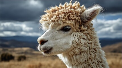 Obraz premium A alpacas face, with a soft-focus landscape behind.