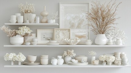 Whitewashed shelving display with neutral decor