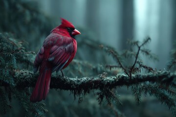 A vibrant red cardinal perched on a misty forest branch.