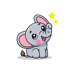 Cute Cartoon Elephant Looking at Stars Illustration Icon Vector, Animals Nature, Cartoon Style Flat