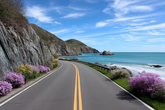 A coastal road system with cliffside curves and a panoramic ocean view