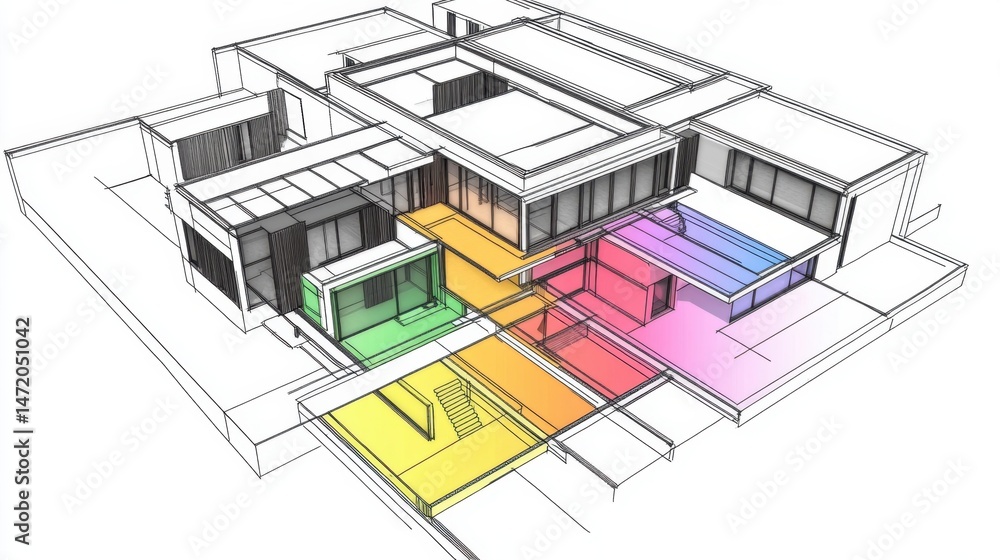 Poster color-coded layout for a contemporary home showing functional zones and circulation