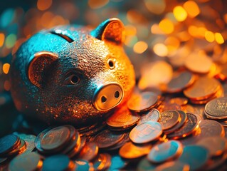 Glittering Piggy Bank Surrounded by Shiny Coins on a Colorful Background