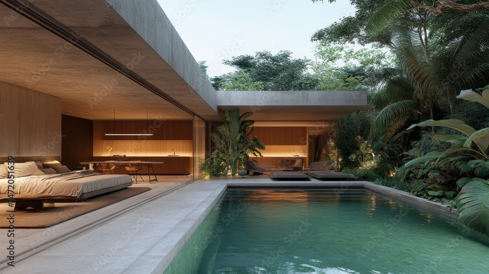 Poster compact modern home plan focused on efficient use of space and connection to nature