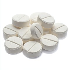 White Round Medicine Tablets Piled on a Clean White Surface