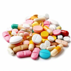 Colorful Assortment of Various Pills and Capsules on White Background