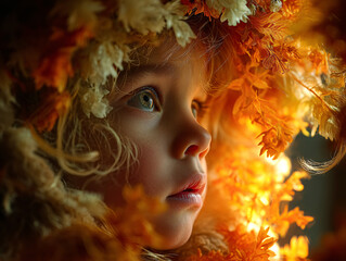 Fototapeta premium kid with long, flowing hair adorned with a crown of vibrant, autumnal flowers. The background is softly lit with warm, golden hues