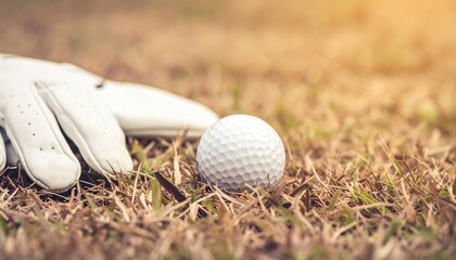 Golf ball and glove on sunlit grass field