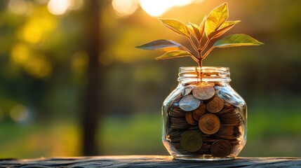 Growth Concept with Coins and Plant in Glass Jar at Sunset