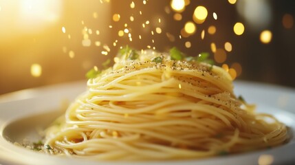 Delicious Spaghetti with Herbs and Grated Cheese on a Plate