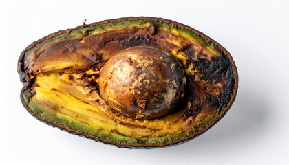 Overripe avocado half showing seed and brown flesh on white background