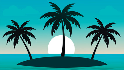 Tropical island landscape. Flat silhouette with palm trees, turquoise sea and soft gradient sunset sky. Summer beach scene vector illustration