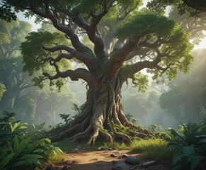 Ancient tree, vibrant exotic vines, lush jungle foliage,  branches,  wood