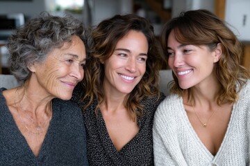 Fototapeta premium Three female friends share a joyful moment filled with laughter and happiness, showcasing the significance of friendship, support, and connection in a homely environment.