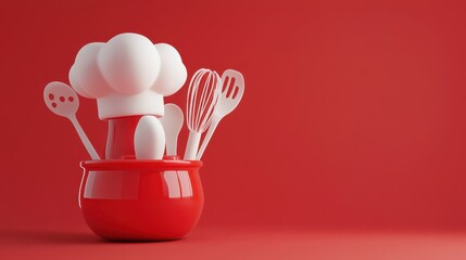 Cute Chef Hat and Kitchen Utensils in Red Pot on Bright Background