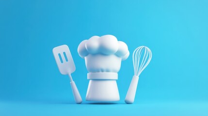 Whimsical 3D Chef Hat and Kitchen Utensils on Blue Background