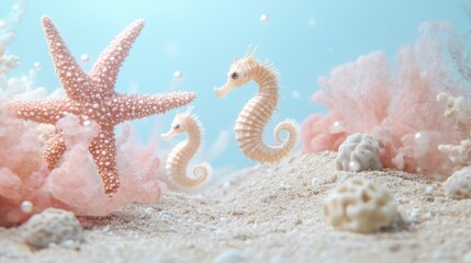 Two Elegant Seahorses Swimming Among Coral and Starfish Underwater