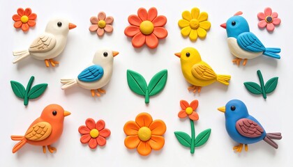Obraz premium Colorful clay birds and flowers: creative art on white background