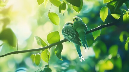 Two Colorful Parakeets Perched Together on a Branch in Lush Greenery