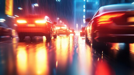 Rain-soaked city street at night with glowing car lights reflecting on wet pavement