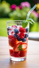 Refreshing Summer Drink with Sparkling Water, Fresh Berries, and Mint in Sunlight Outdoors