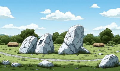 Rock Formation in Field Cartoon Illustration