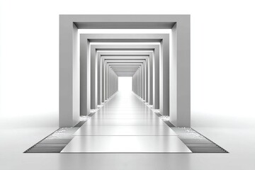 A hallway represented by only three vertical rectangles fading into a vanishing point on a white background