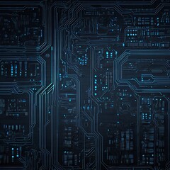 Blue electronic circuit board technology features a digital chip pattern on a printed circuit