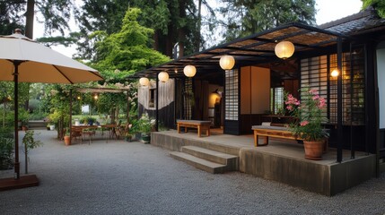 Obraz premium Tranquil Japanese garden with wooden structure, gravel path, and outdoor seating under parasols in a Zen-inspired landscape.