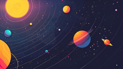 A colorful solar system illustration with planets stars and orbits in a dark space background