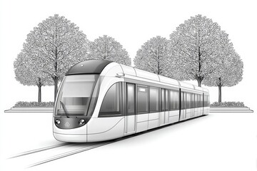 Obraz premium A minimal line illustration of a single tram passing through a modern square
