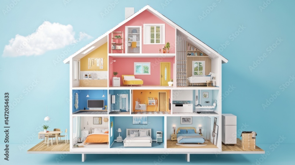 Poster cross-section d visualization of house showing each floor's functional zones