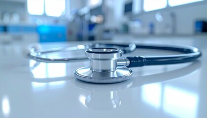 Stainless Steel Stethoscope Poised on White Medical Laboratory Table with Reflections in Bright and Clean Healthcare Environment