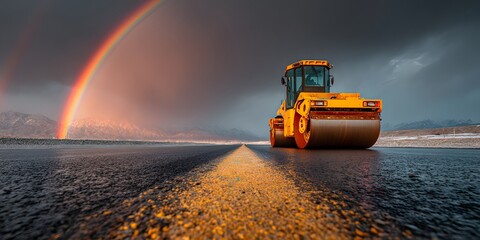 Low-angle shot: yellow road roller compacts new wet asphalt on right. Rainbow arches in background. Photorealistic, construction, post-rain lighting.