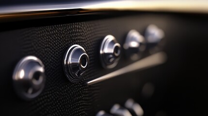 Close-up of sleek metallic controls on a luxurious dashboard with soft lighting effects