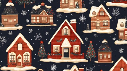 Fototapeta premium Charming Christmas Village Seamless Pattern, Festive Houses, Snow, and Trees