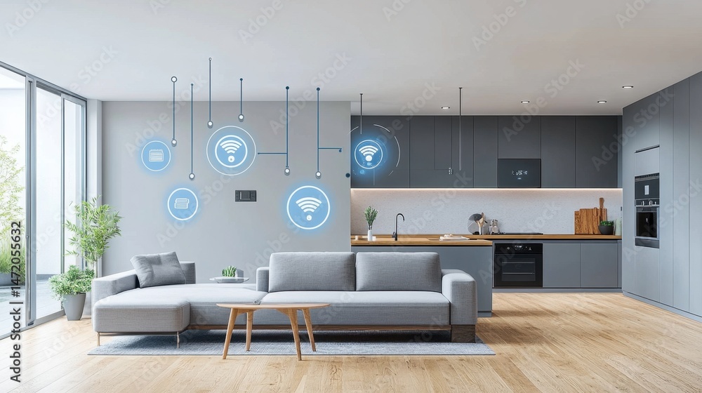 Poster digital smart home layout showing automation system integrated with modern floor plan