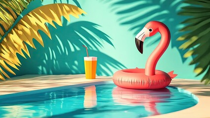 Obraz premium Flamingo Pool Float with Drink and Palm Tree