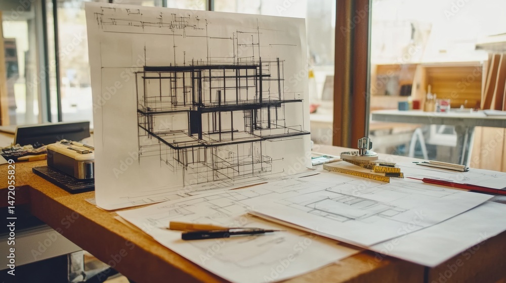 Poster elevated view of architecture desk with layers of tracing paper sketches and a digital measuring too