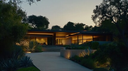 Evening shot of modern house illuminated with ambient lighting and sharp architectural lines