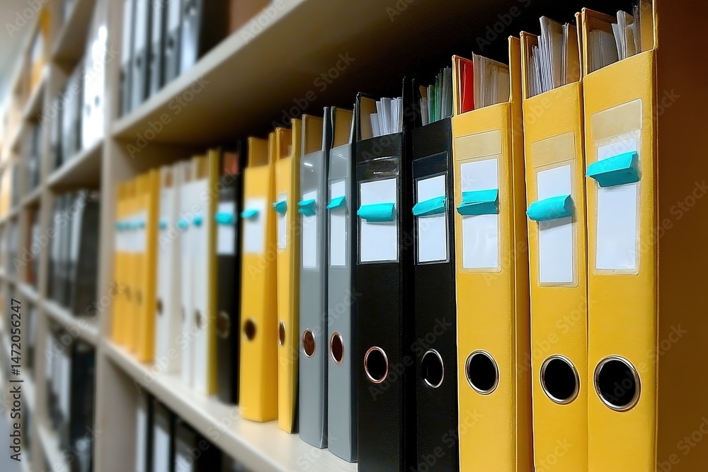 Poster organized file cabinet containing medical records in colorful folders on a shelf in an office settin