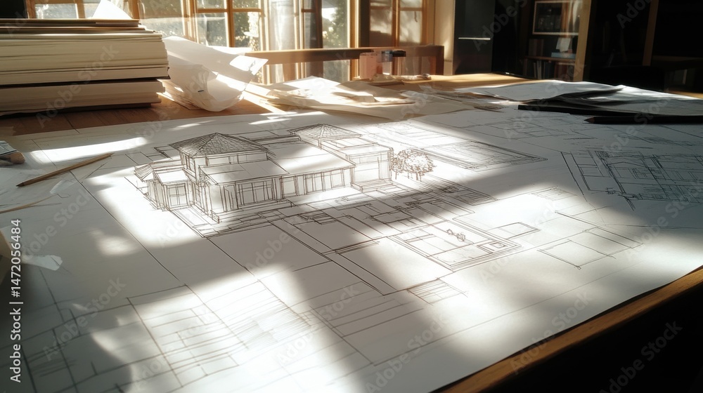 Poster hand-drawn house layout draft on tracing paper layered over structural design guide
