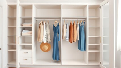 Organized wardrobe with clothing and accessories neatly arranged inside